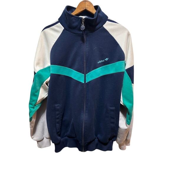 Vintage 90s Adidas White Navy Teal Blue Full Zip Track Jacket Warm Up Men Large - Picture 1 of 7